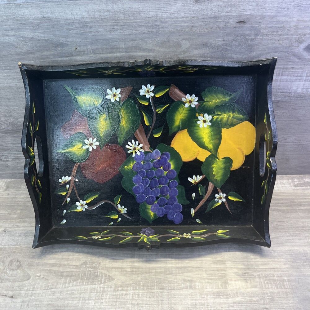 Vintage Hand Painted Black Fruit Tray Wood Handles Cottage Decor Grandma Core